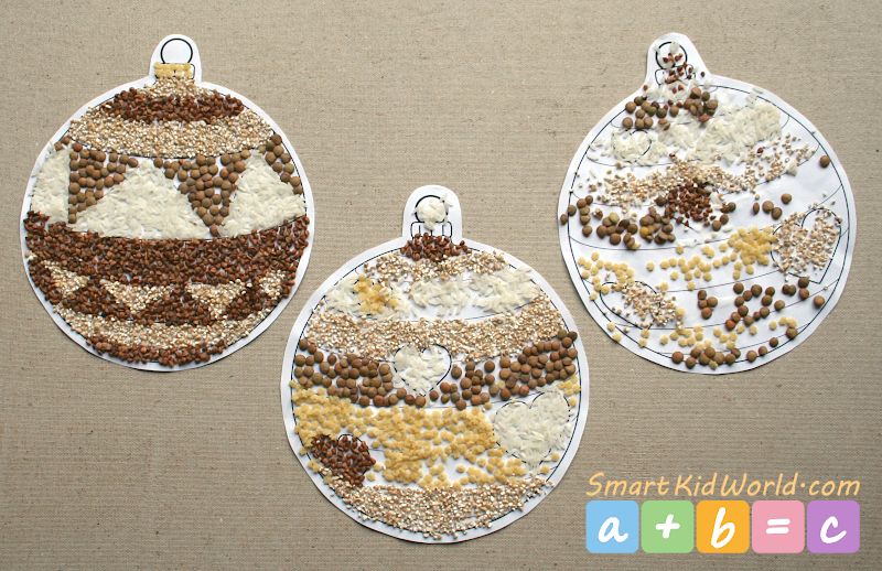 Christmas balls outs of grains, food collage, seeds art mosaic idea