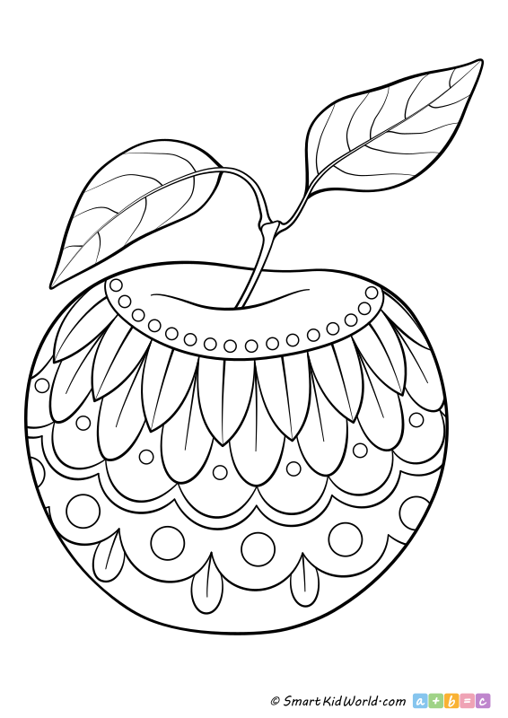 Apple mandala, fruit printable coloring pages for kids and preschoolers, fruit decorations