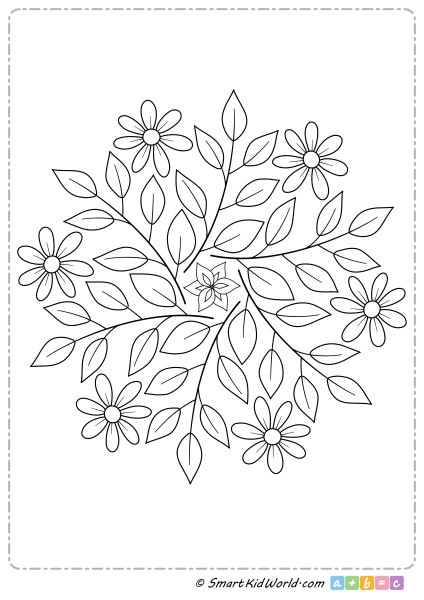 Coloring page for kids - mandala with leaves and flowers, printable worksheets