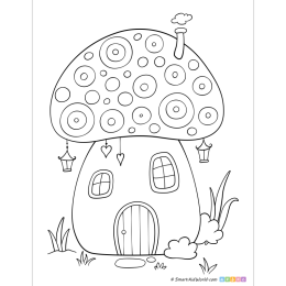 Mushroom house coloring page for kids, printable fall pictures