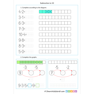 Maths worksheets for kids - subtraction to 10, printable worksheets