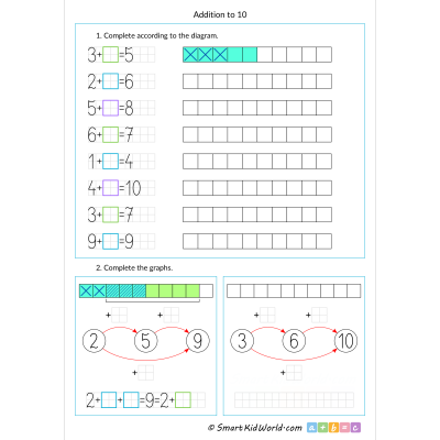 Maths worksheets for kids - addition to 10, printable worksheets