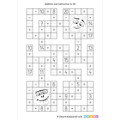 Math crossword for for kids - addition and subtraction to 20, printable worksheets