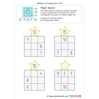 Math magic square for kids - addition and subtraction to 20, printable worksheets