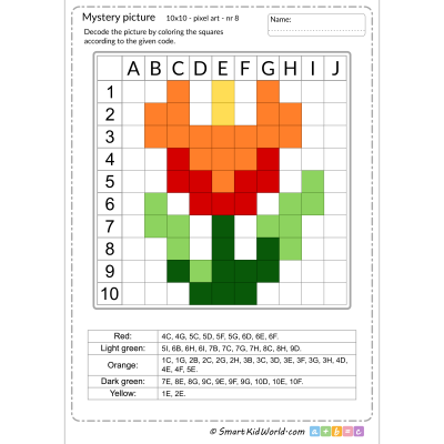 Mystery picture with flowers, tulip, pixel art, learning coding and programming for kids - printable worksheets