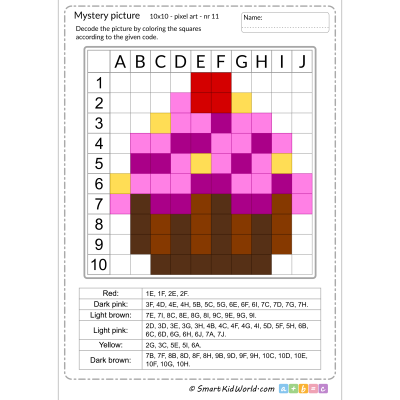 Mystery picture with sweets, chocolate cupcake with cream, pixel art, learning coding and programming for kids - printable worksheets