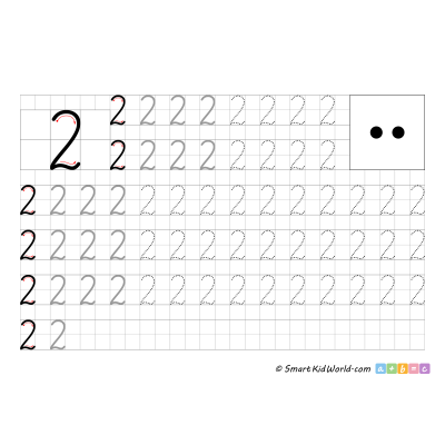 Learning to write number 2 printable, number tracing and writing, handwriting practice for kids