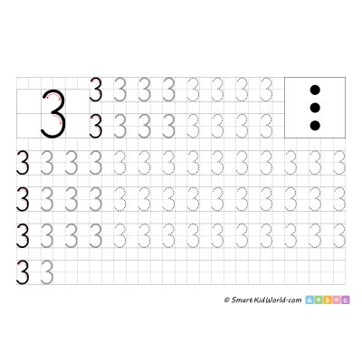 Learning to write number 3 printable, number tracing and writing, handwriting practice for kids