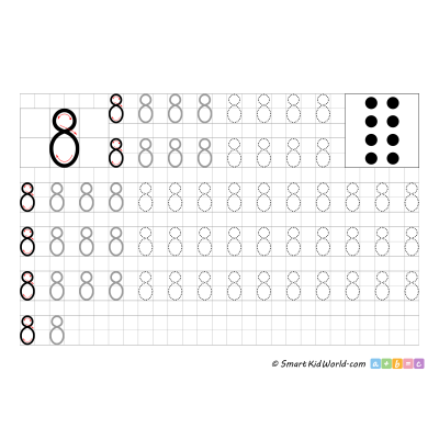 Learning to write number 8 printable, number tracing and writing, handwriting practice for kids