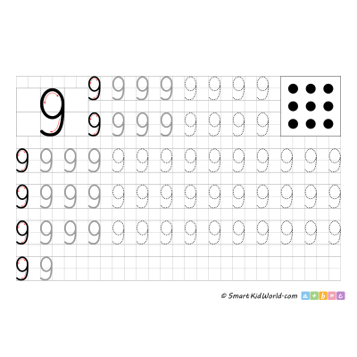 Learning to write number 9 printable, number tracing and writing, handwriting practice for kids