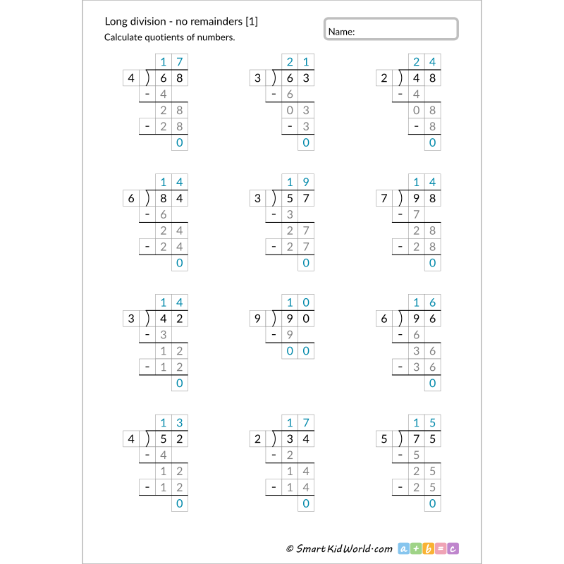 Long division with no remainders [1], 2-digit by 1-digit, in auxiliary fields, printable worksheets for kids