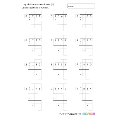 Long division with no remainders [1], 3-digit by 1-digit, in auxiliary fields, printable worksheets for kids