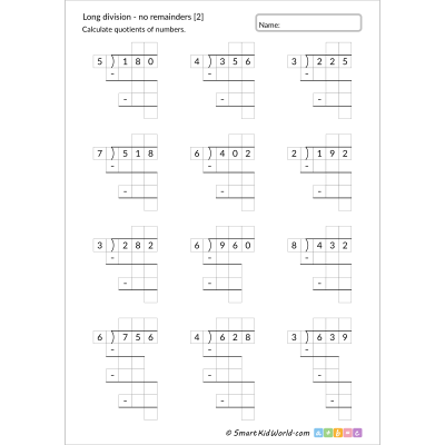 Long division with no remainders and answers [2], 3-digit by 1-digit, in auxiliary fields, printable worksheets for kids