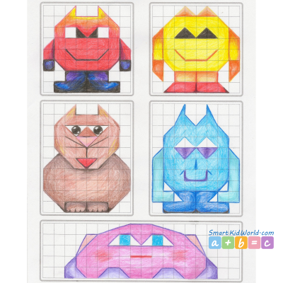 Creatures made of symmetrical shapes with one line of symmetry, easy symmetrical drawing, printable worksheets for kids