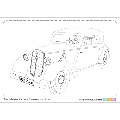 Retro car tracing lines and coloring - Printable preschool tracing worksheets for practicing motor skills