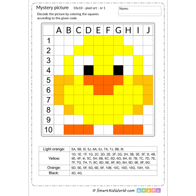Mystery picture with chick for Easter, pixel art, learning coding and programming for kids - printable worksheets