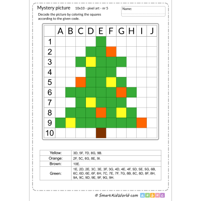 Christmas tree as a mystery picture, pixel art with Christmas tree, learning coding and programming for kids - printable worksheets