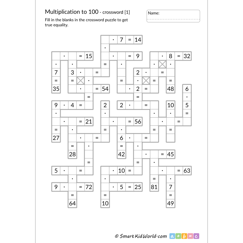 Multiplication Facts to 100 - math crossword for kids with answers, printable worksheets for kids