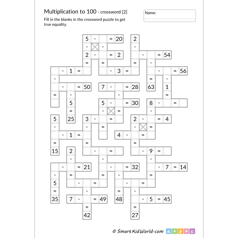 Multiplication Facts to 100 - math crossword for kids with answers, printable worksheets for kids