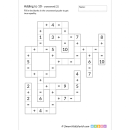 Math crossword for kids with answers - addition to 10, printable worksheets for kids