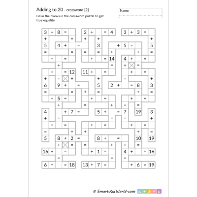 Math crossword for kids - addition to 20, printable worksheets for kids