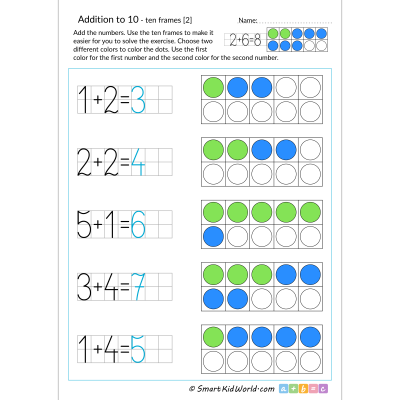Addition to 10 with 10 frames and answers, maths for kids, printable ten frame addition worksheets for kids