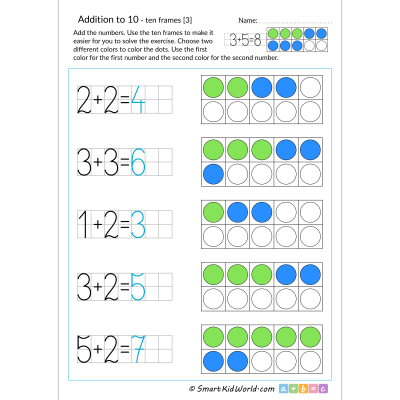 Addition to 10 with 10 frames and answers, maths for kids, printable ten frame addition worksheets for kids