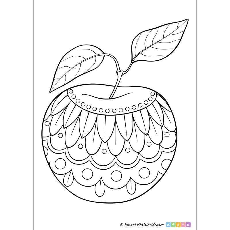 Apple mandala, fruit printable coloring pages for kids and preschoolers, fruit decorations