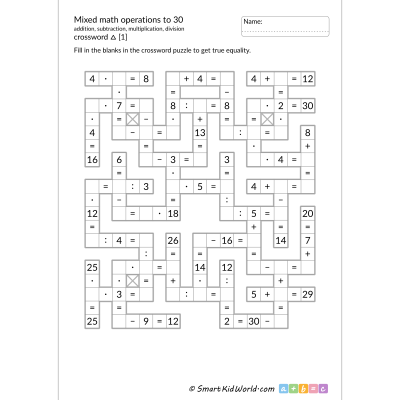 Mixed math operations to 30, addition, subtraction, multiplication, division - math crossword puzzle with answer key - printable worksheet for kids