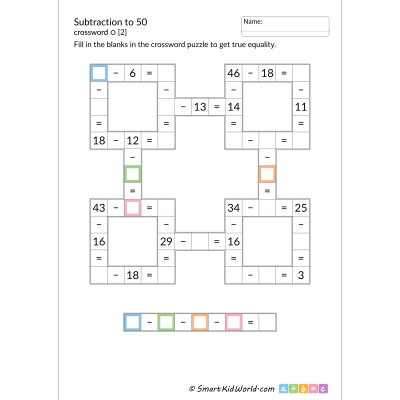 Subtraction to 50 math crossword puzzles with answers - printable worksheet for kids