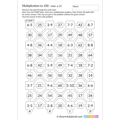Multiplication Facts to 100 - math maze for kids, printable worksheets for kids