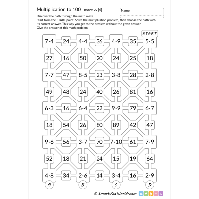 Multiplication Facts to 100 - math maze for kids with answers, printable worksheets for kids