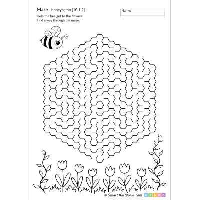 Honeycomb maze with a bee, printable mazes for kids as tracing lines activities for preschoolers