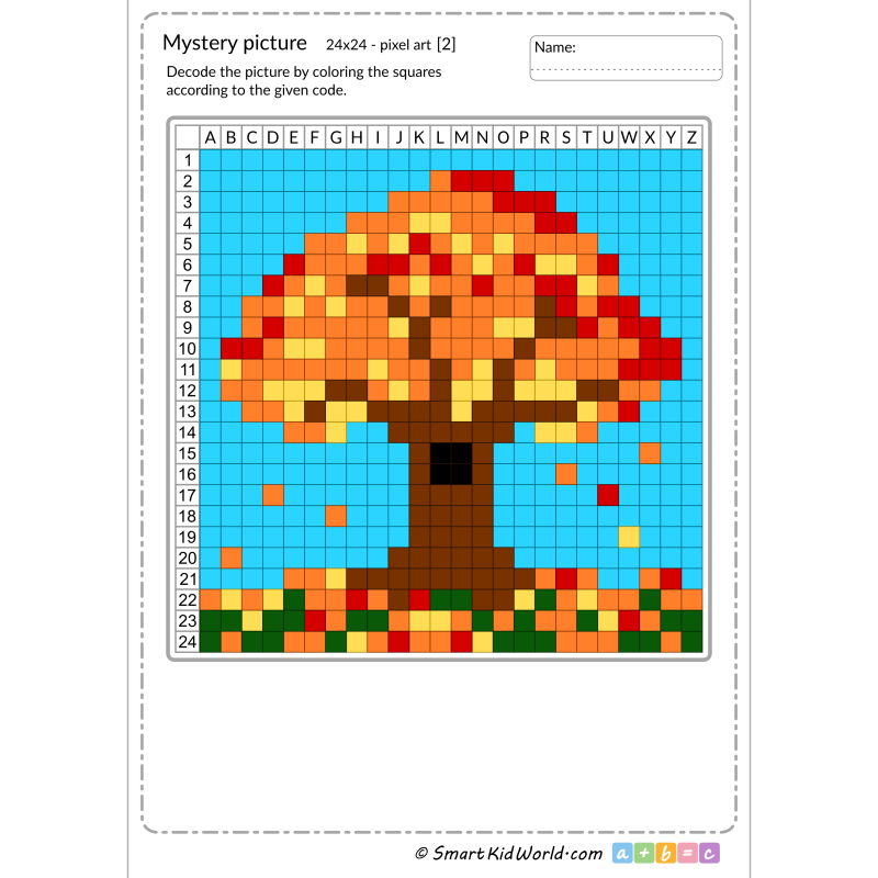 Fall mystery picture, colorful fall tree with falling leaves, pixel art, learning coding and programming for kids - printable worksheets