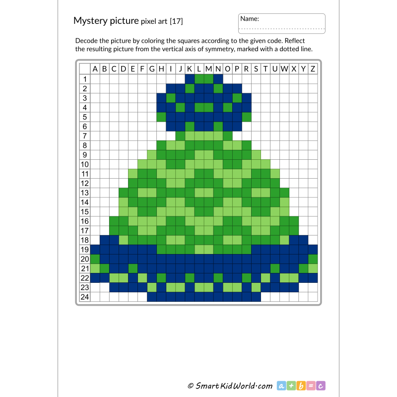 Winter mystery picture, colorful winter hat with pompom, pixel art, learning coding and programming for kids - printable worksheets