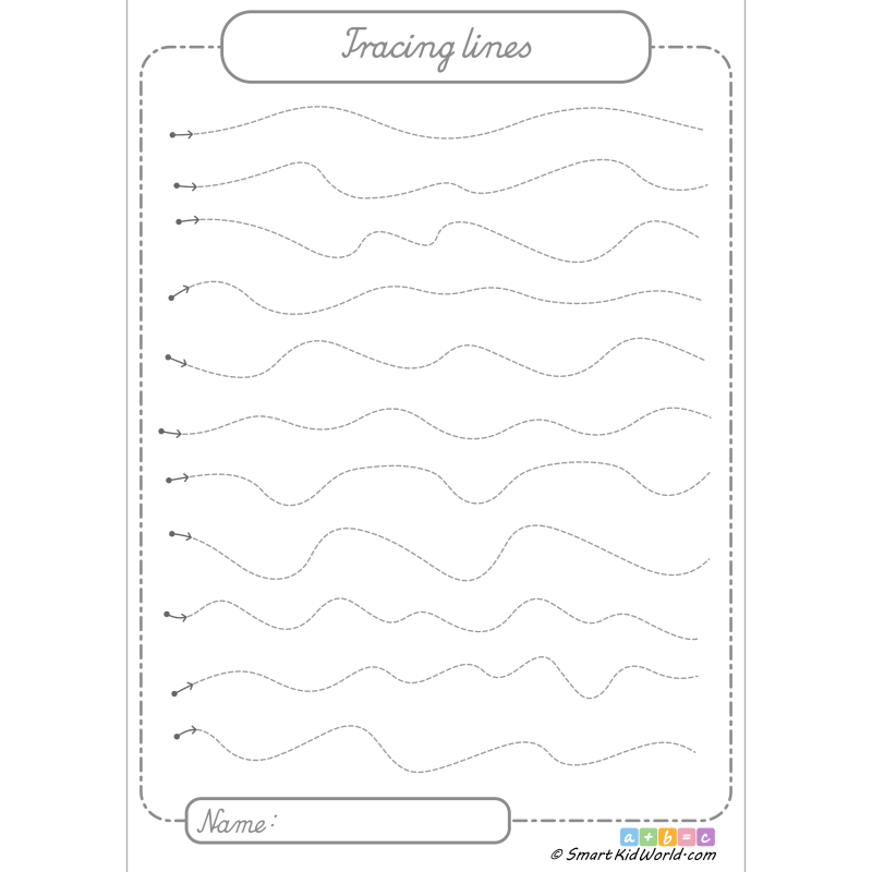 Irregular waves and curves on a preschool tracing lines worksheet for practicing motor skills, PDF file