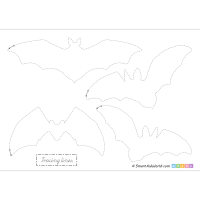 Halloween bats as preschool tracing worksheets for practicing motor skills, printable worksheets for kids