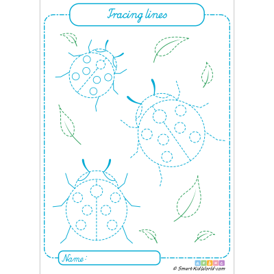 Ladybugs tracing lines and coloring - Printable preschool tracing worksheets with cute ladybirds, insects