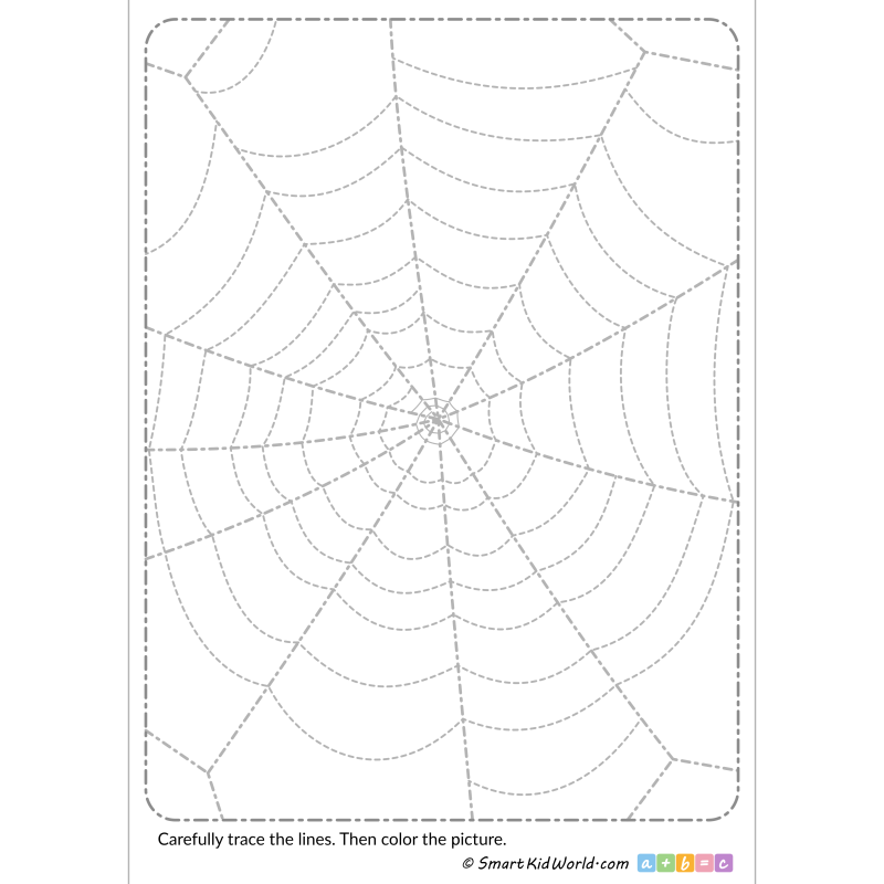 Cobweb tracing lines and coloring, spider's web for Halloween - Printable preschool tracing worksheets for practicing motor skills