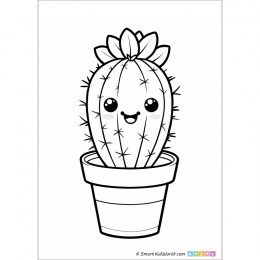 Cacti coloring pages - cute Kawaii cactus in pot drawn in bold lines, easy printable coloring pages for kids and preschoolers