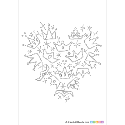 Precious heart with crown and diadem - coloring page for kids in doodle style