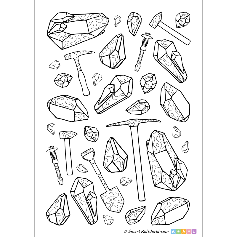 Minerals, geological equipment and crystals mindful coloring page for adults and teenagers, coloring doodles