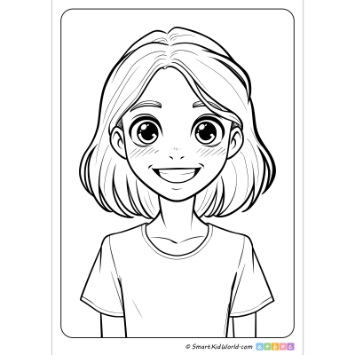 Smiling girl coloring page in cartoon style, as a portrait photo, printable coloring pages for kids and preschoolers