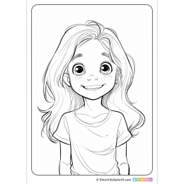 Smiling girl coloring page in cartoon style, as a portrait photo, printable coloring pages for kids and preschoolers