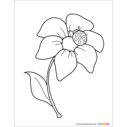 Simple flower with a ladybug, bold outline coloring page for kids to print