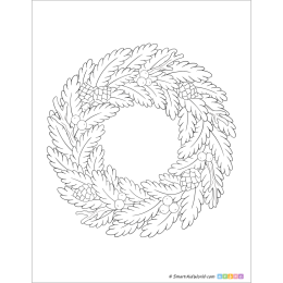 Printable winter coloring page with a hand-drawn Christmas wreath of evergreen branches and pine cones