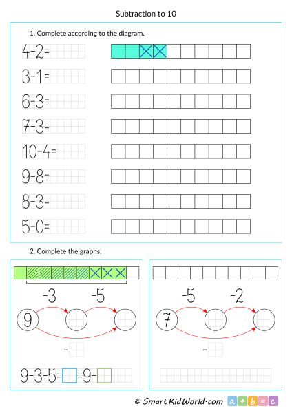 Maths worksheets for kids - subtraction to 10, printable worksheets