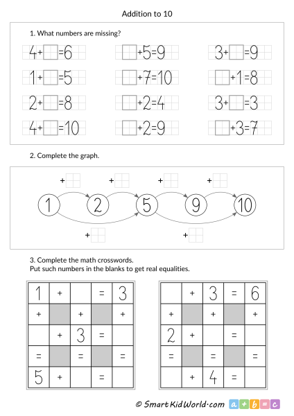 Maths worksheets for kids - addition to 10, printable graphs and math crosswords