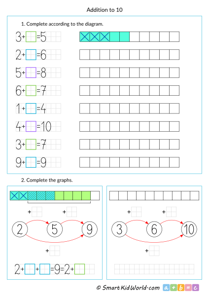 Maths worksheets for kids - addition to 10, printable worksheets