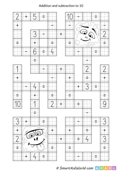 Math crossword for for kids - addition and subtraction to 10, printable worksheets